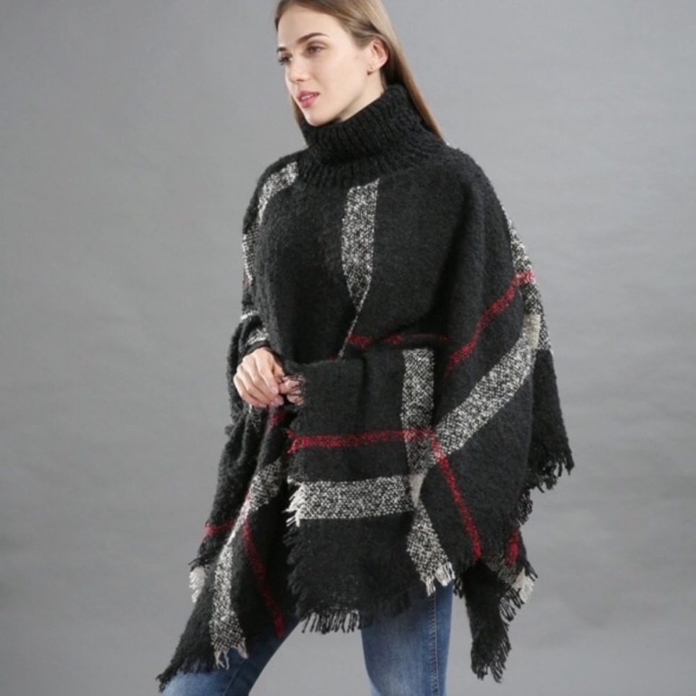 Black Plaid Turtleneck Poncho Cape - Picture 6 of 8